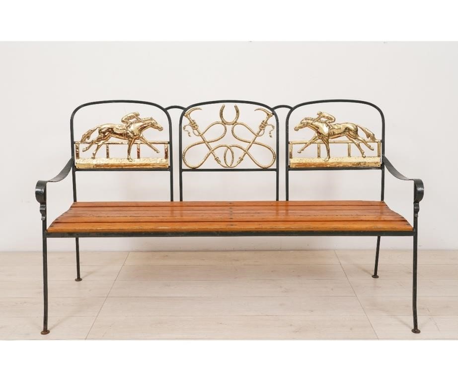 Appraisal: Rare Kenneth Lynch wrought iron equine bench with brass back