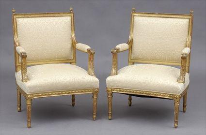 Appraisal: PAIR OF LOUIS XVI-STYLE CARVED GILTWOOD FAUTEUILS A LA REINE