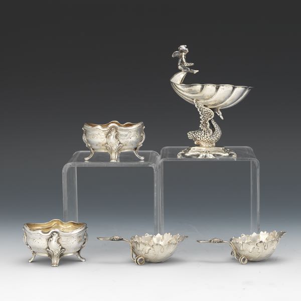 Appraisal: FIVE SILVER SALT CELLARS Two by J Piault with Minerva