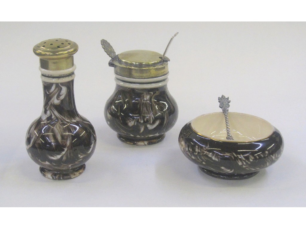 Appraisal: Macintyres pottery cruet set with gilt metal mounts