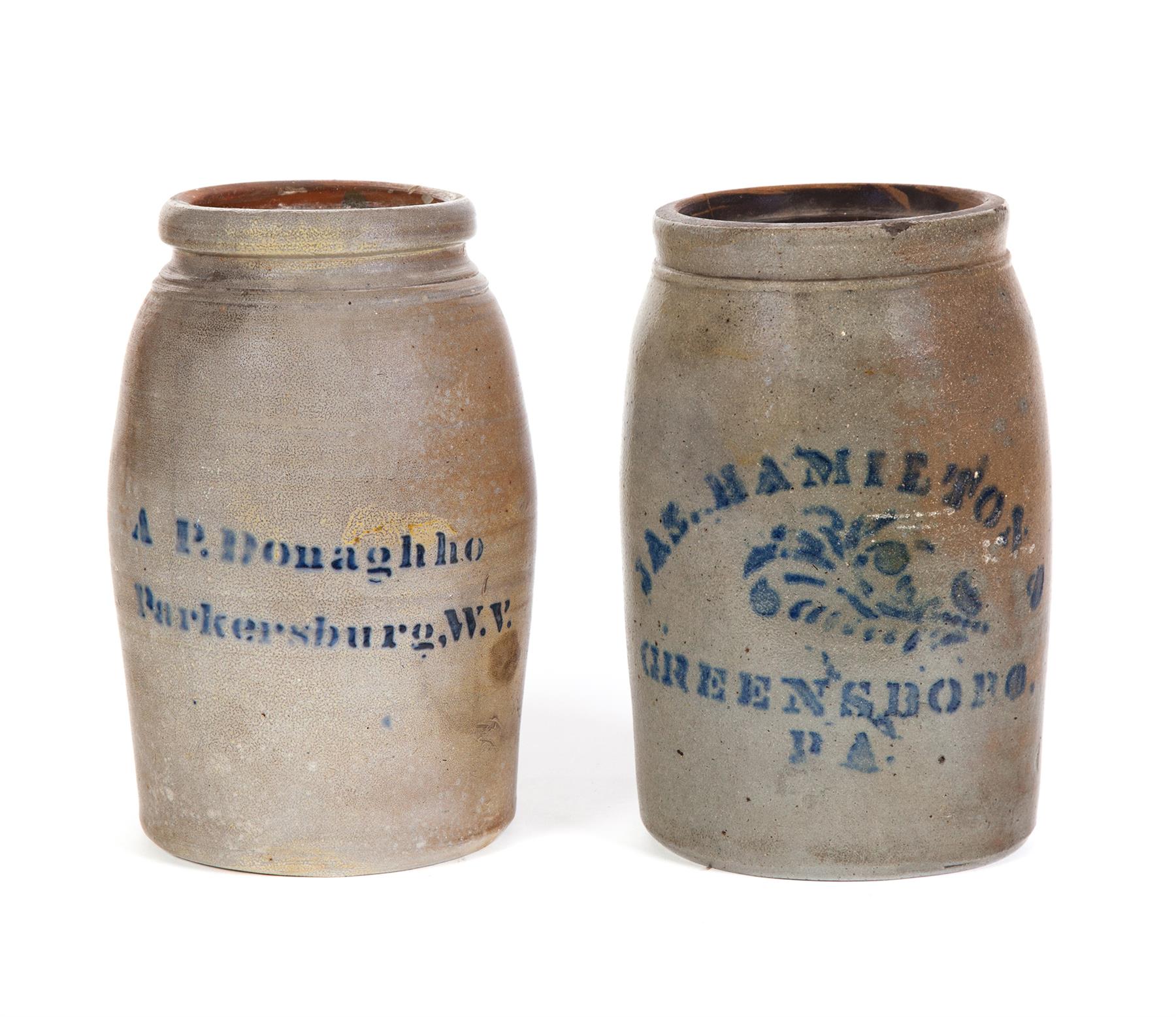 Appraisal: TWO STONEWARE CANNING JARS WITH COBALT STENCILING American th quarter-