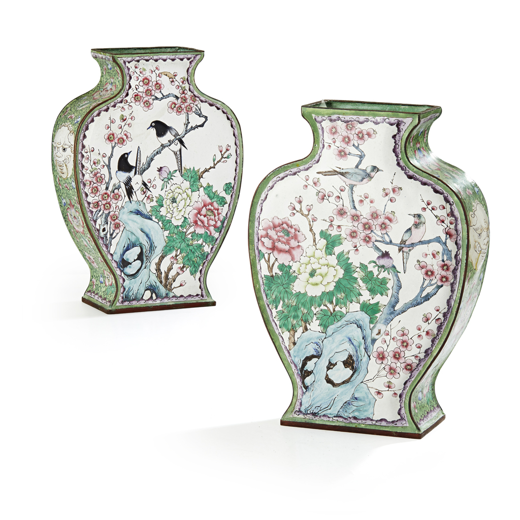 Appraisal: PAIR OF CANTON ENAMEL FLASK-FORM VASES of flattened shape decorated