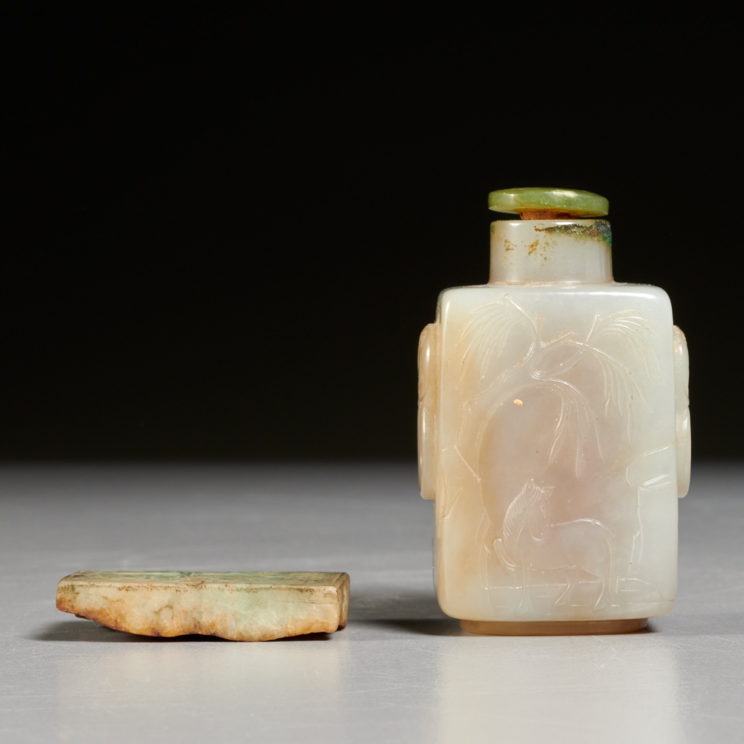 Appraisal: CHINESE JADE SNUFF BOTTLE AND PLAQUE Likely Qing Dynasty th