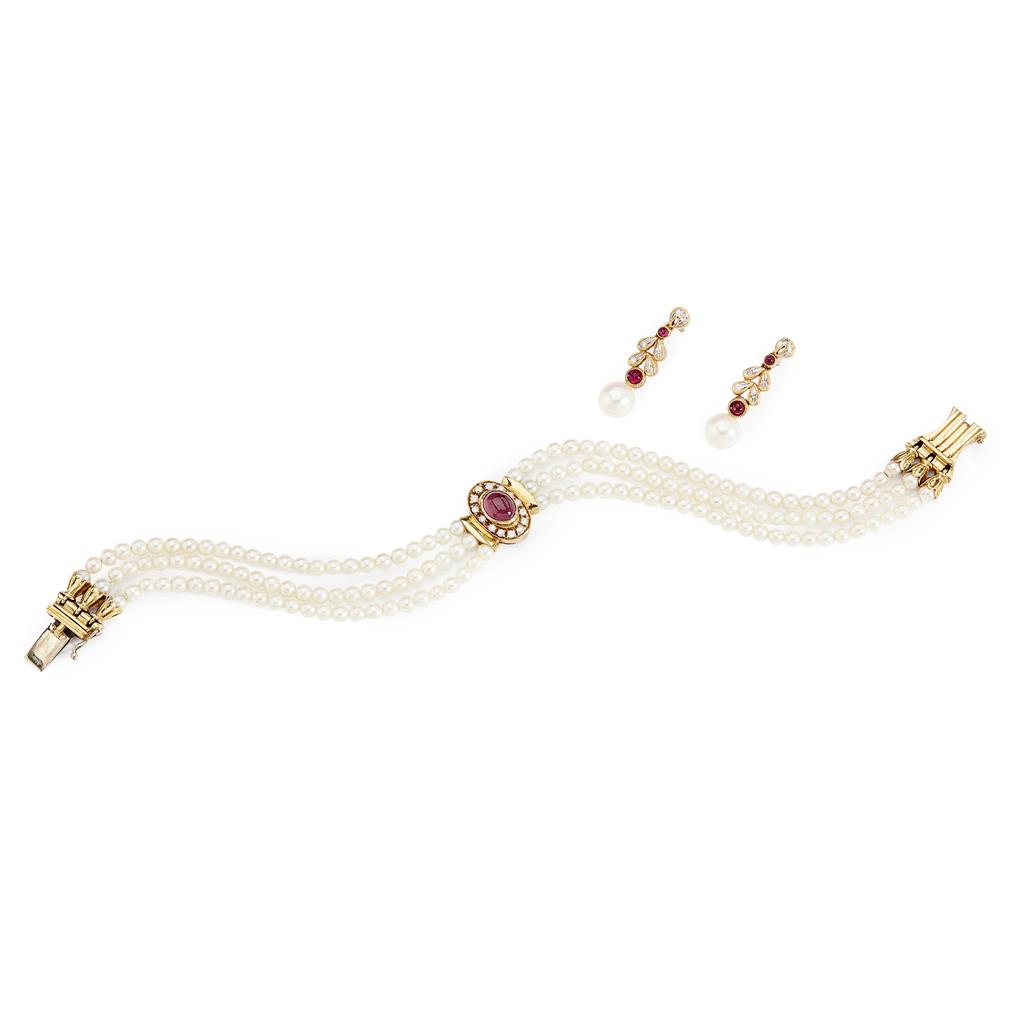 Appraisal: A pearl ruby and diamond bracelet and earrings the bracelet