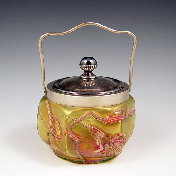 Appraisal: PALLME-KONIG BAVARIAN IRIDESCENT ART GLASS BISCUIT JAR Ca Silverplate mounted