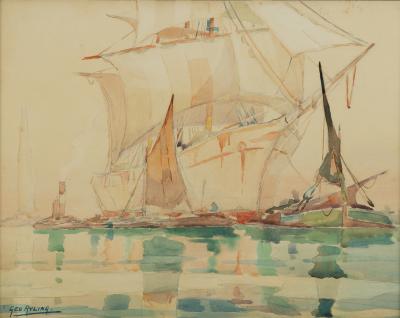 Appraisal: George Ayling - Stretching Her Canvas ships at moorings signed