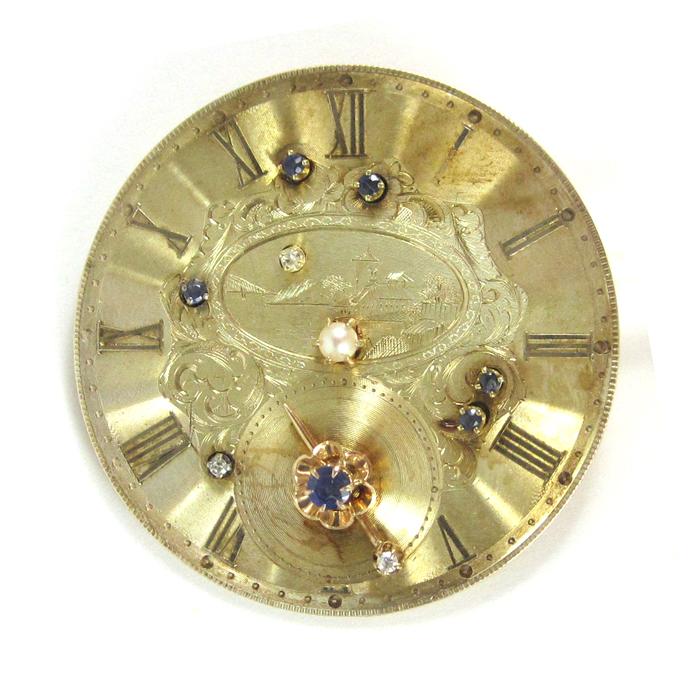 Appraisal: KARAT GOLD WATCH FACE BROOCH the scenic watch face decorated