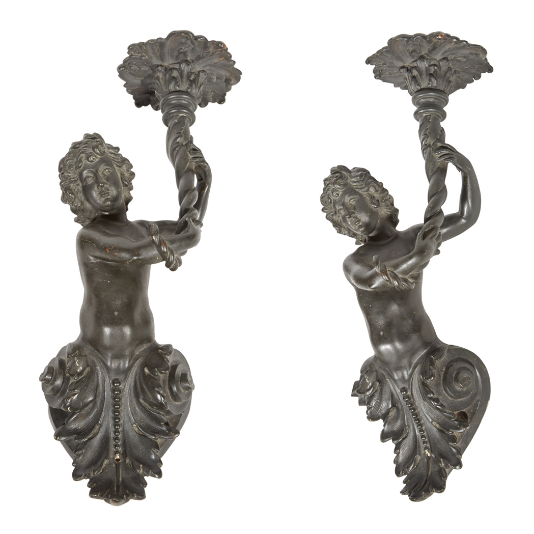 Appraisal: Pair of Neoclassical Style Patinated-Bronze Figural Sconces Late th early