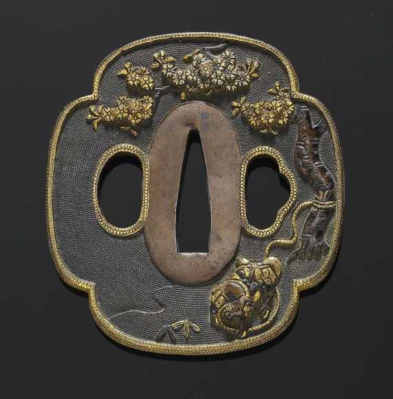 Appraisal: TSUBA Japan late Edo-period H cm Mokko-gata Shakudo nanako-ji Relief