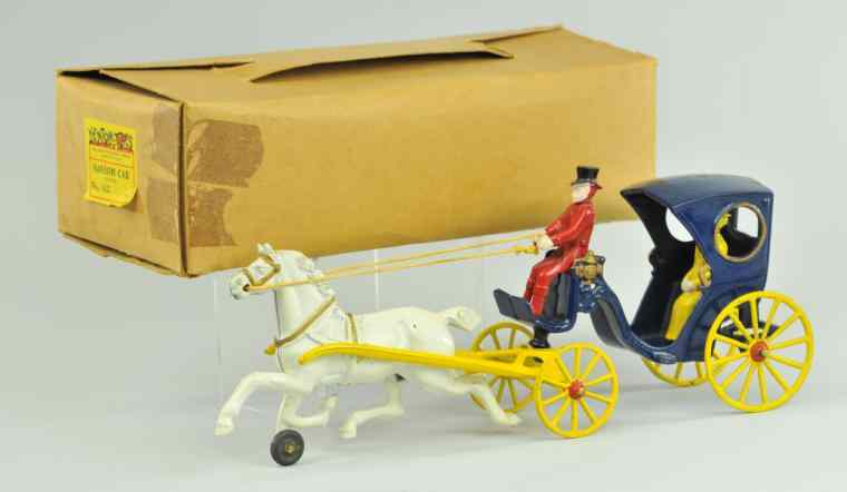 Appraisal: BOXED KENTON HANSOM CAB Cast iron painted in blue seated