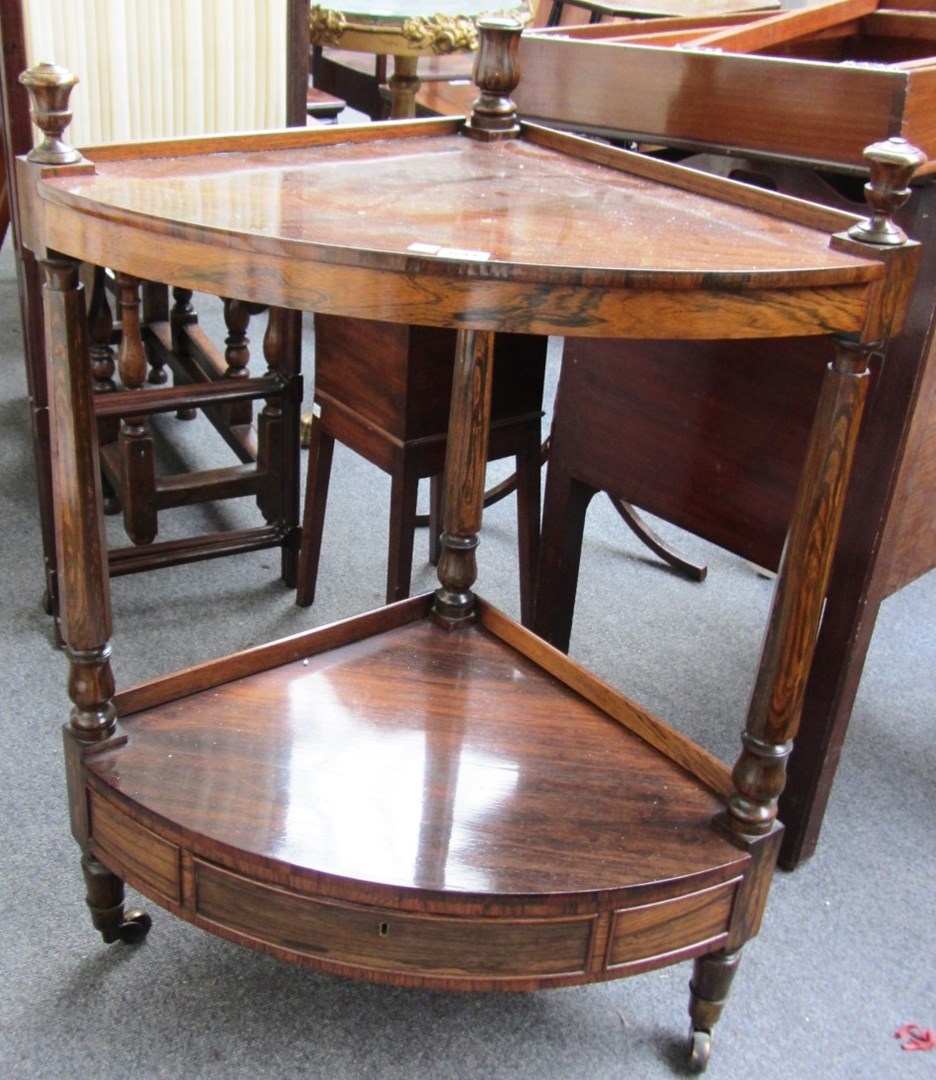 Appraisal: An early Victorian rosewood bowfront corner what-not with single drawer