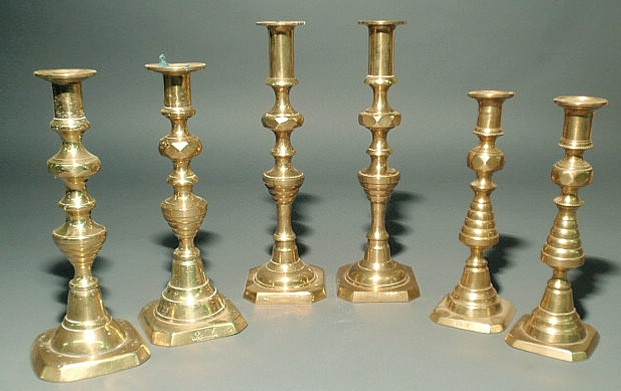 Appraisal: Three pairs of Victorian style brass candlesticks reproductions Tallest pair