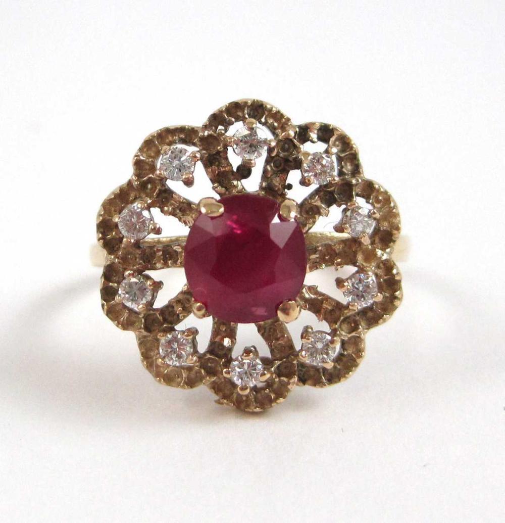 Appraisal: RUBY DIAMOND AND FOURTEEN KARAT GOLD RING with ten round-cut