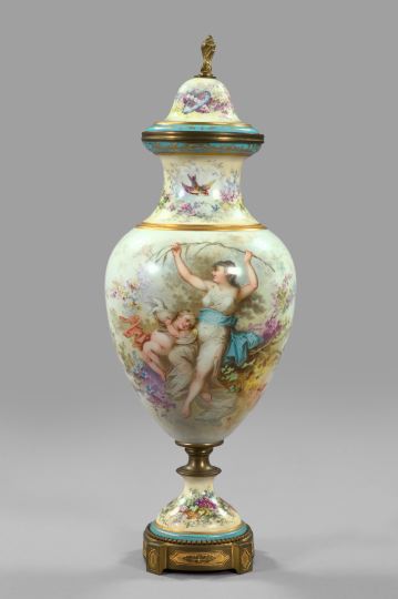 Appraisal: Large Sevres Porcelain Pyriform Covered Garniture Vase with later gilt-brass