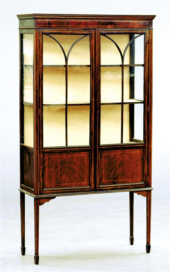 Appraisal: Edwardian style inlaid mahogany display cabinet early th century molded