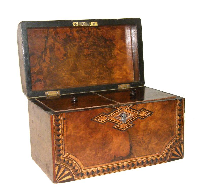 Appraisal: Victorian burr walnut and parquetry inlaid dome top tea caddy