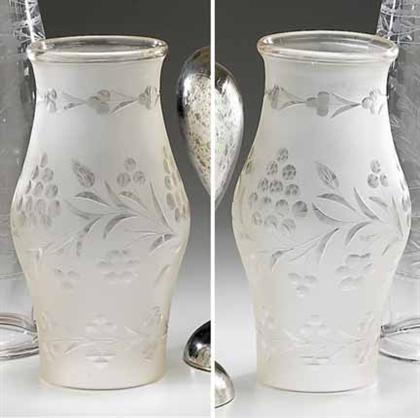 Appraisal: Pair of etched blown glass hurricane shades th century Frosted