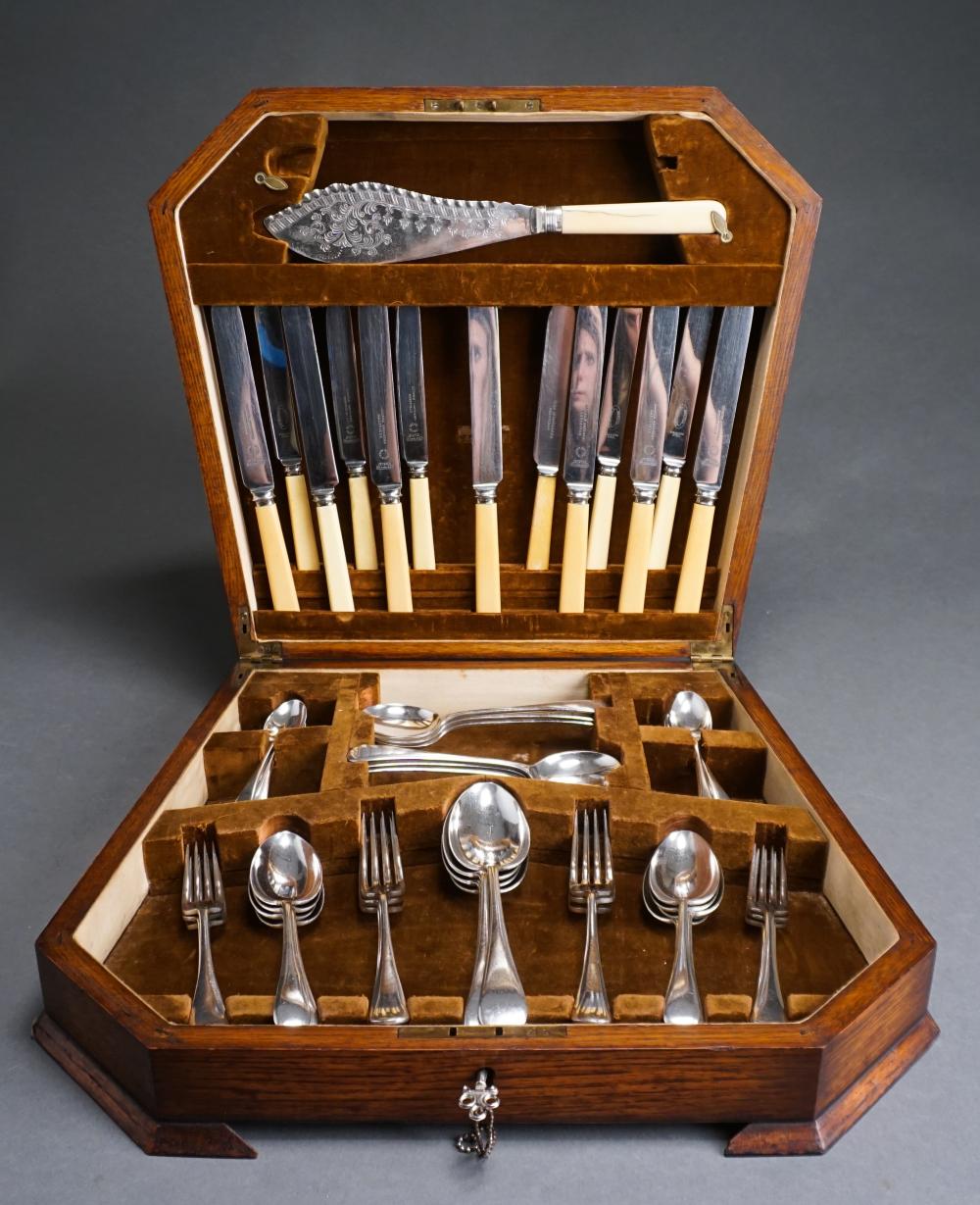 Appraisal: ENGLISH SILVERPLATE -PIECE FLATWARE SET IN OAK CASEEnglish Silverplate -Piece