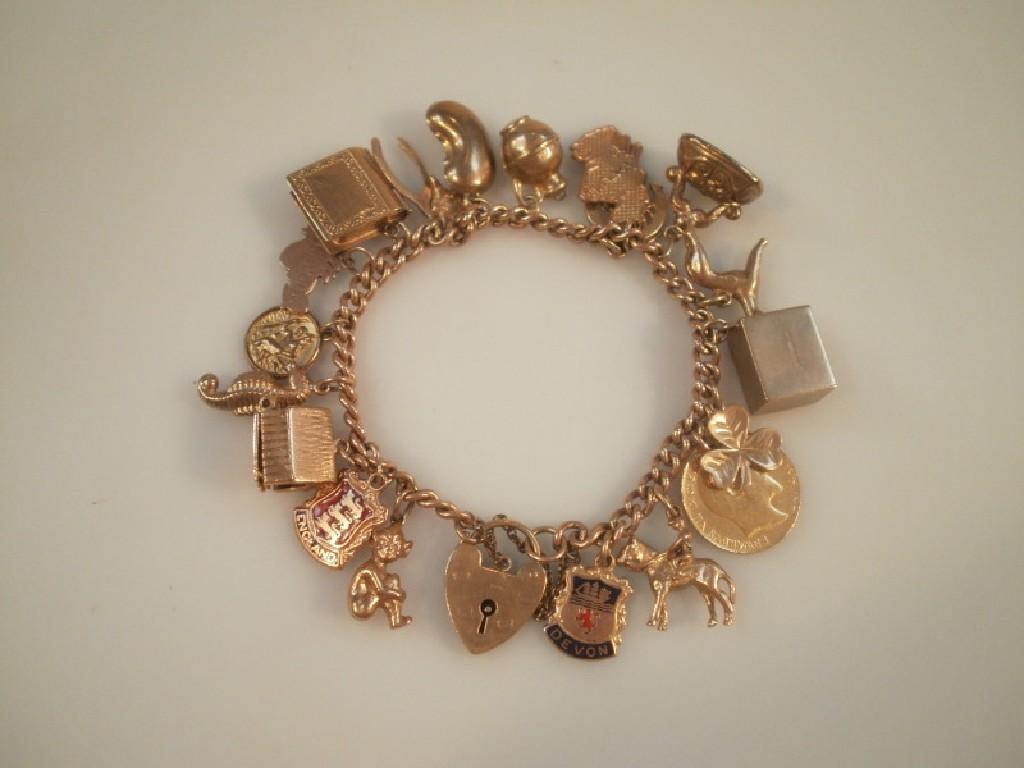 Appraisal: A ct gold curb link charm bracelet with twenty attached