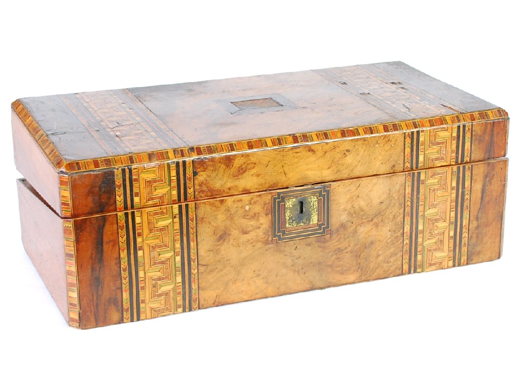 Appraisal: LARGE VICTORIAN FIGURED WALNUTWOOD PORTABLE WRITING BOX with Tunbridge broadly