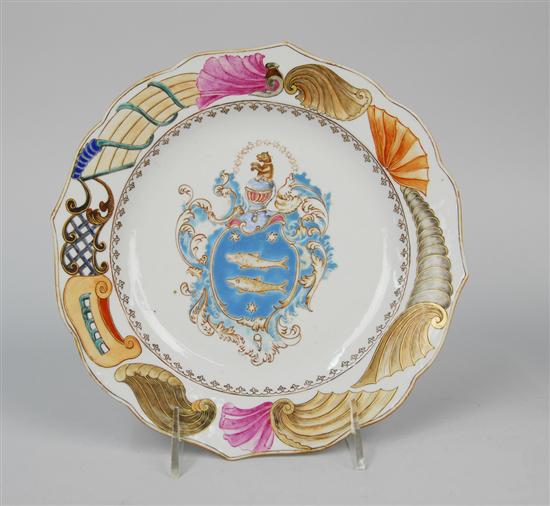 Appraisal: UNUSUAL CHINESE EXPORT SHELL AND CORNUCOPIA DECORATED ARMORIAL PLATE diameter