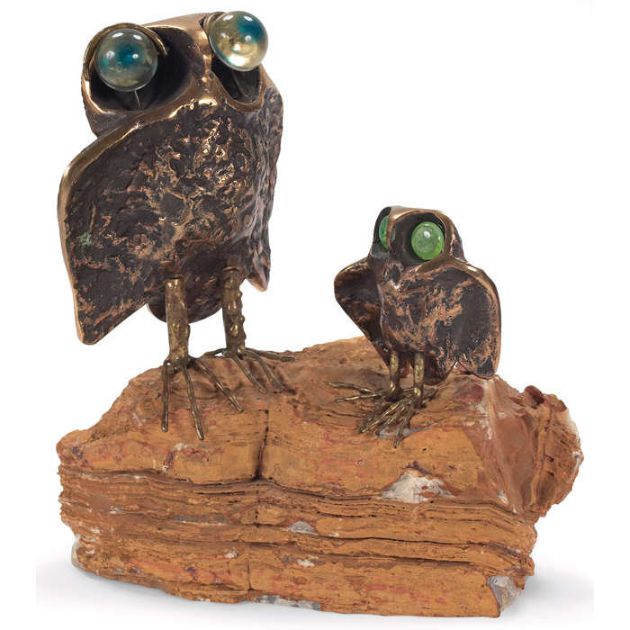 Appraisal: C Jere owls sculpture brass forms with plastic eyes over