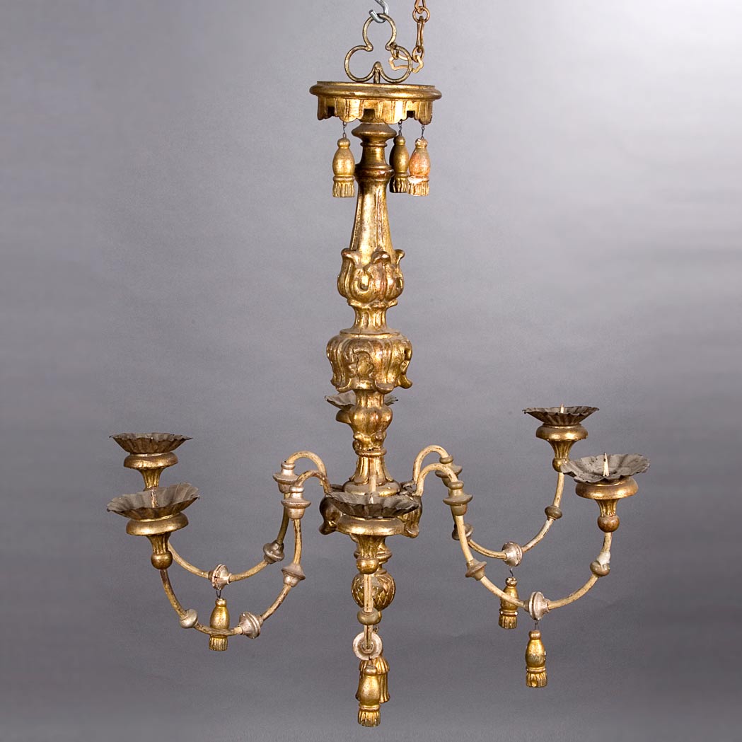 Appraisal: Continental Baroque Style Gilt-Wood Six-Light Chandelier Height inches diameter inches