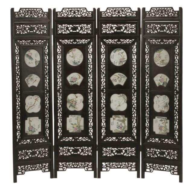 Appraisal: Chinese carved wood and porcelain four panel screen each panel