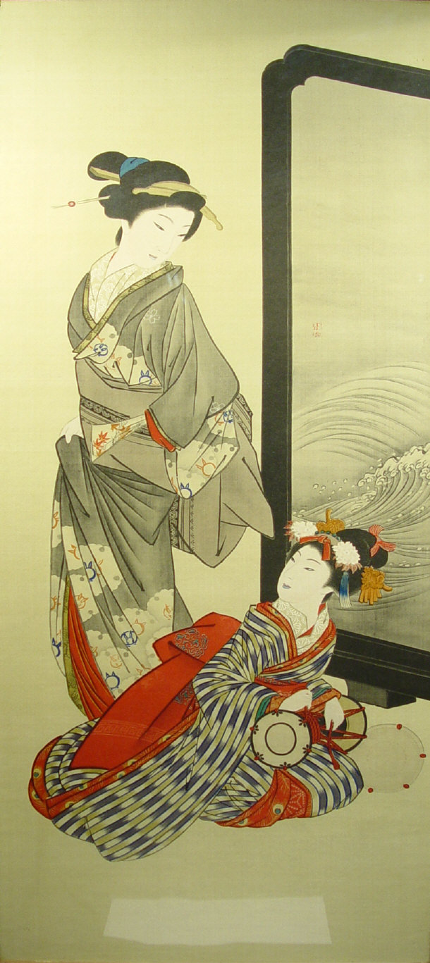 Appraisal: Two large oriental prints onto silk of geisha girls each