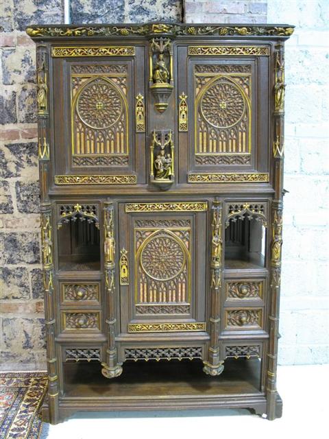 Appraisal: FRENCH GOTHIC WALNUT CABINET ON STAND Mid-late th century carved