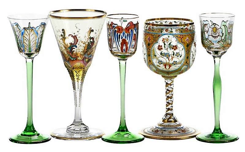 Appraisal: Five Enamel Decorated Small Stems three similar hand painted floral