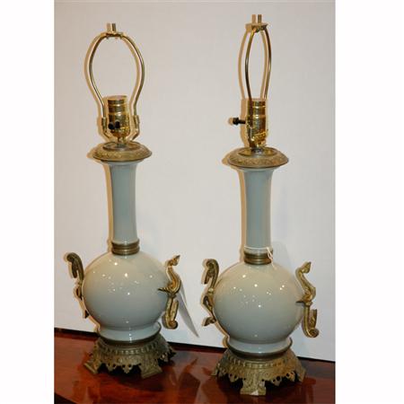 Appraisal: Pair of Gilt-Bronze Mounted Celadon Porcelain Lamps Estimate -