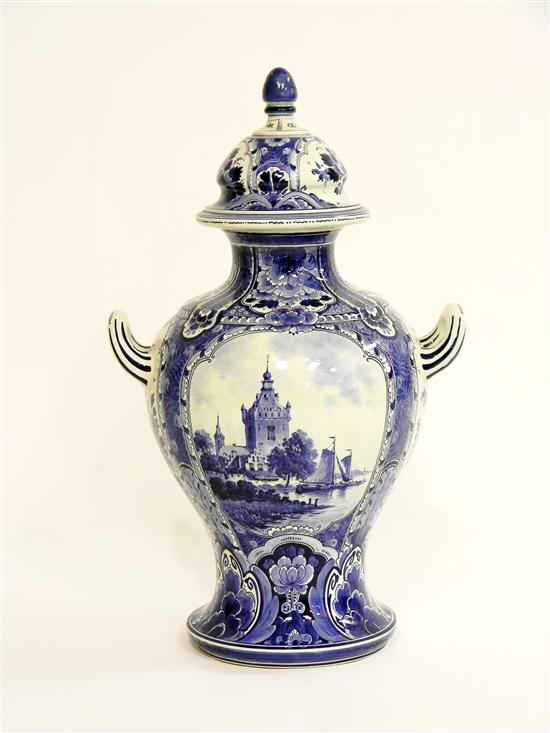 Appraisal: Delft urn with lid double handles blue and white floral