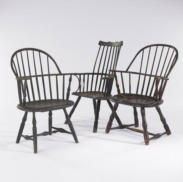 Appraisal: ENGLISH WINDSOR CHAIRS Three country Windsors in mixed woods th