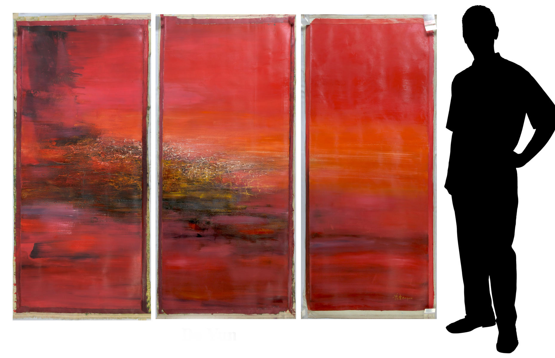 Appraisal: YUN Bo Chinese - Red Triptych Three Oils Canvas ''