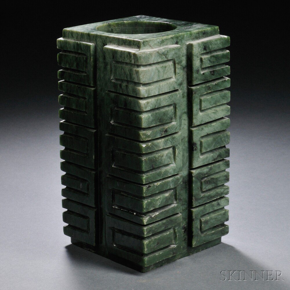 Appraisal: Hardstone Tung China th century cylindrical with vertical grooves at