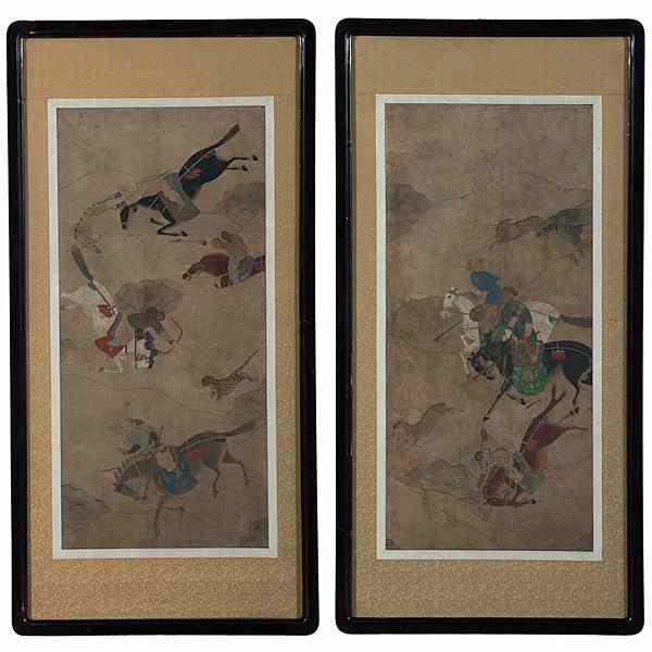 Appraisal: Korean Hunting Scenes Watercolors on paper two hunting scenes depicting