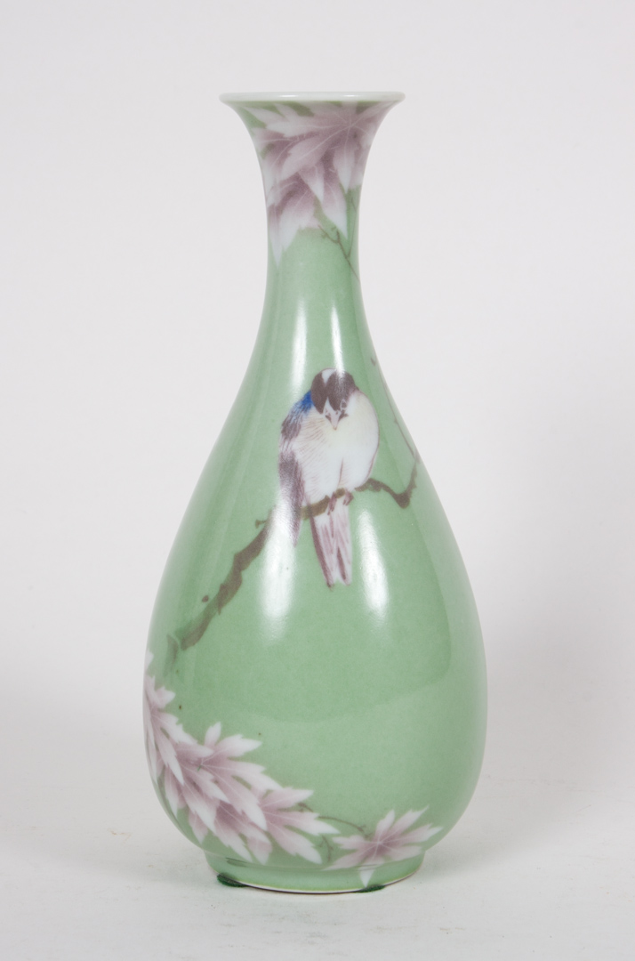 Appraisal: Japanese studio porcelain vase circa light green ground with autumnal