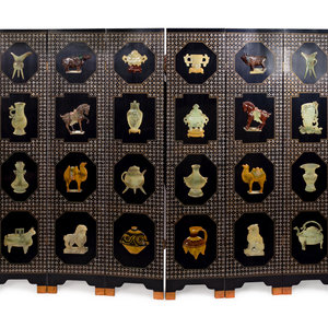 Appraisal: A Chinese Hardstone-Mounted Black Lacquer Six-Panel Screen TH CENTURY Height