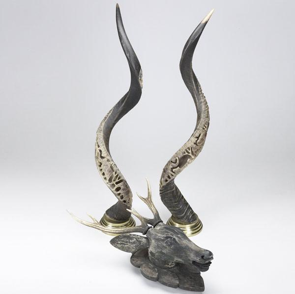 Appraisal: Three piece animal horn grouping including carved wood deer head