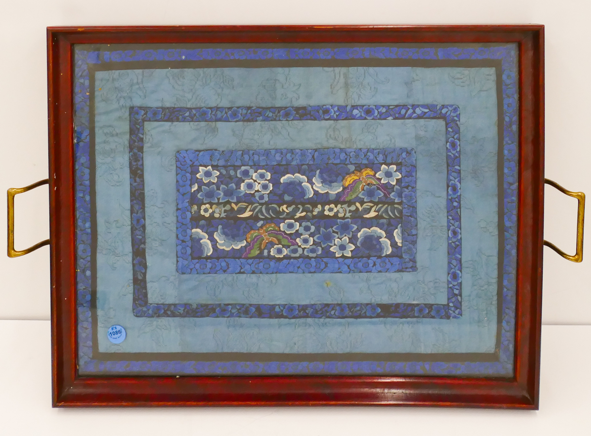 Appraisal: Old Chinese Blue Silk Embroidered Serving Tray ''x ''