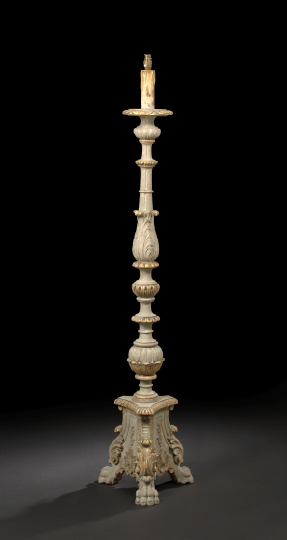 Appraisal: Tall French Carved Parcel-Gilded and Gray-Painted Beechwood Pricket Floor Candlestick