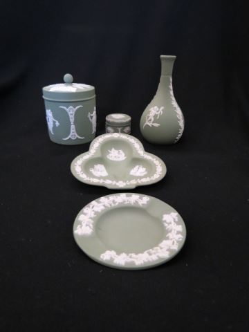 Appraisal: pcs Wedgwood Green Jasperware boxes bud vase ashtrays classical figures