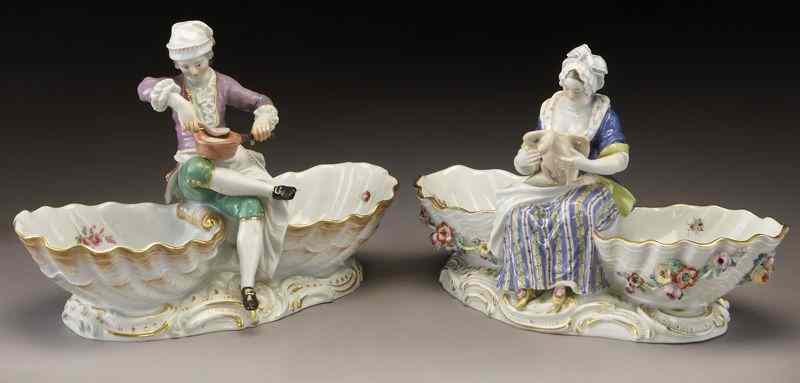 Appraisal: Pr Meissen porcelain figural sweetmeat dishesmodeled as a male and