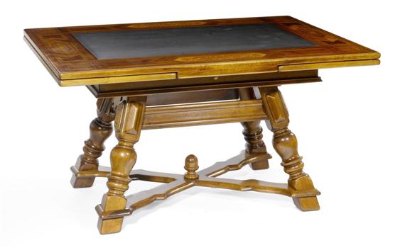 Appraisal: SLATE-TOP EXTENDING TABLE Baroque style Walnut inlaid with contrasting stringing