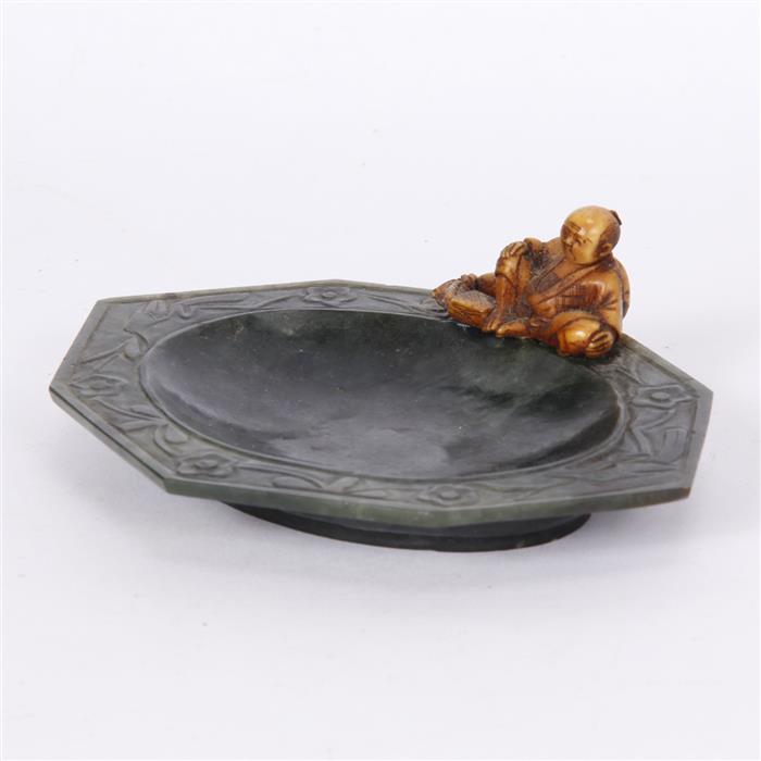 Appraisal: Carved Spinach Jade Dish with bird floral pattern border mounted