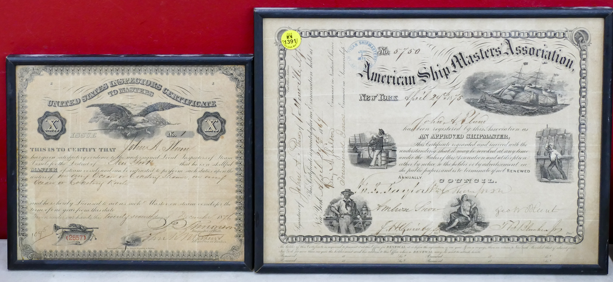 Appraisal: pc Antique Shipmasters Framed Certificate Etc Largest ''x ''