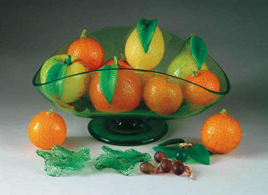 Appraisal: GREEN GLASS CENTER BOWL WITH GLASS FRUIT The free blown