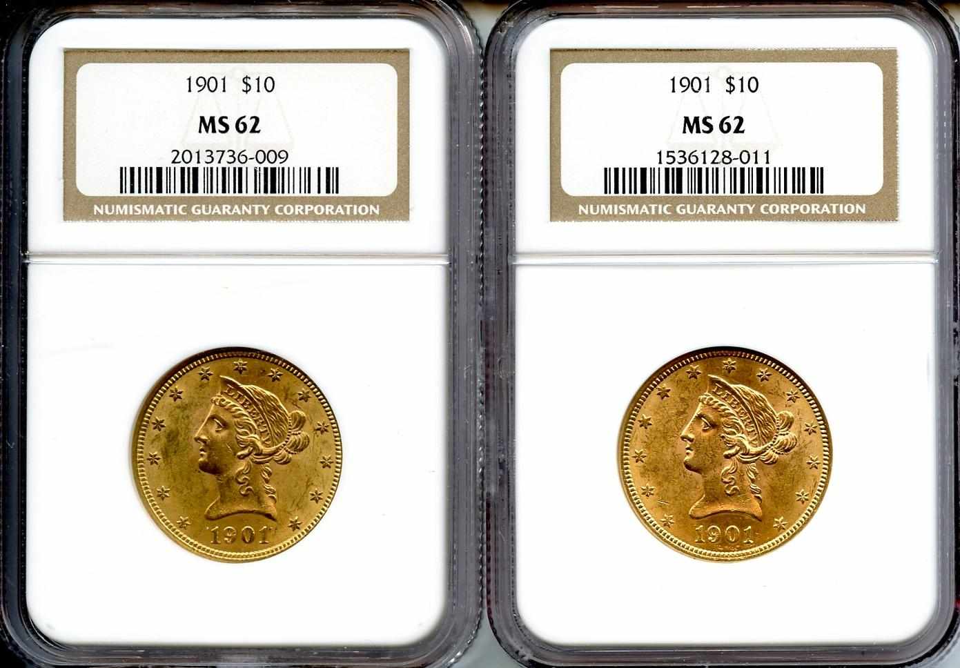 Appraisal: MS NGC One coin exhibits a green-gold appearance the other