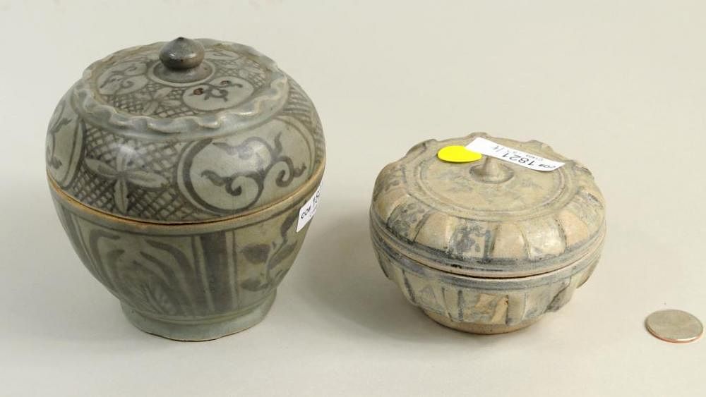 Appraisal: Two Thai Sawankhalok Glazed Pottery Covered Jars Two Thai Sawankhalok